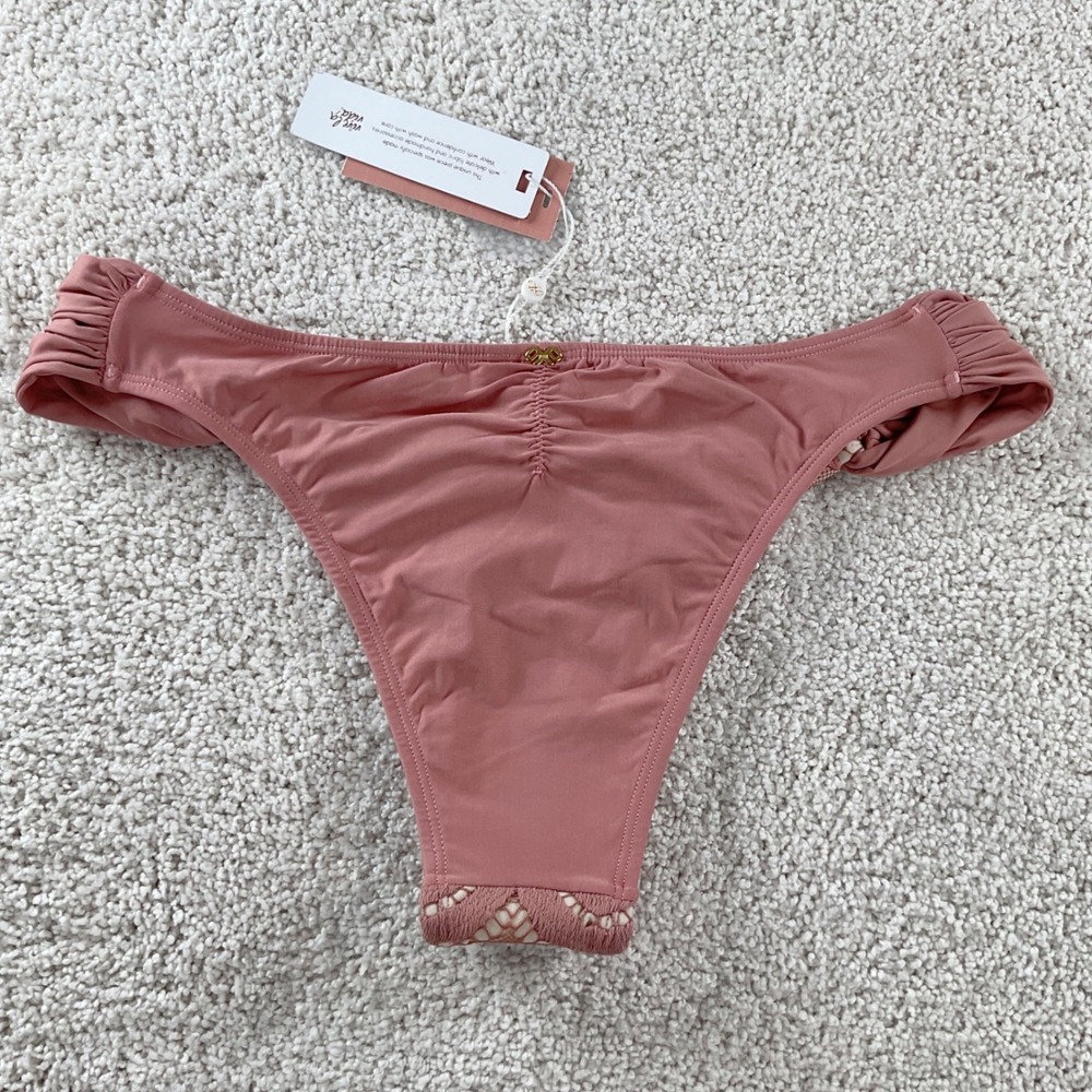 PilyQ Dusty Rose Lace Fanned Teeny Bikini Bottom Ruched Back DUS-251T NWT Size L - Picture 7 of 10